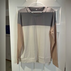 Women's Long Sleeve Colorblock Top - Gray, Cream, Tan Size L